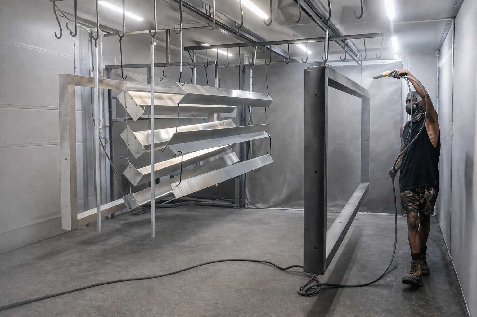 Person powder coating metal in a workshop setting